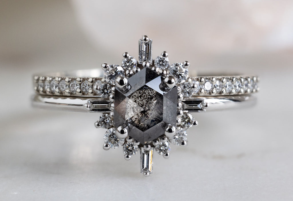 The Compass Ring with a Black Hexagon Diamond with Stacking Band
