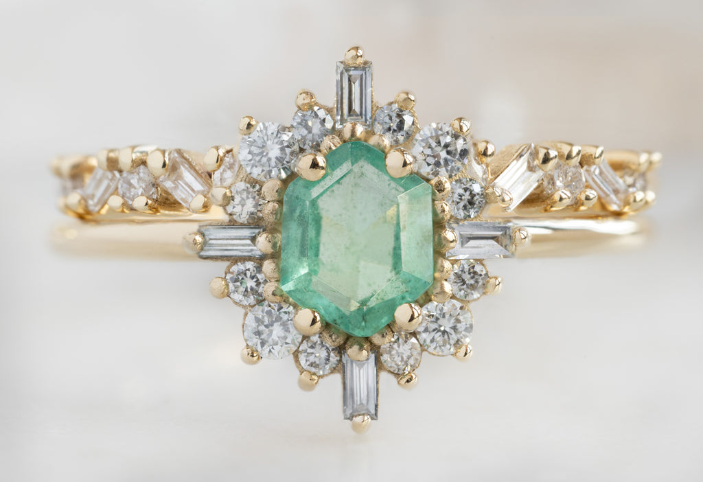 The Compass Ring with an Emerald Hexagon with Confetti Stacking Band