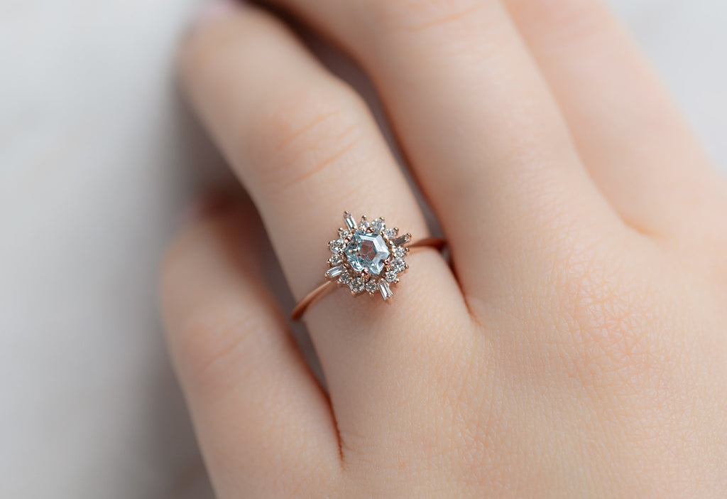 The Compass Ring with a Montana Sapphire Hexagon on Model