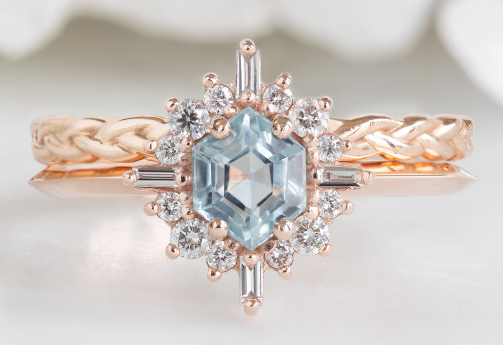 The Compass Ring with a Montana Sapphire Hexagon with Braided Stacking Band