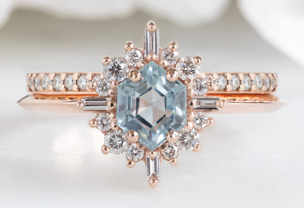 The Compass Ring with a Montana Sapphire Hexagon with Pavé Wedding Band