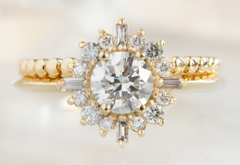 The Compass Ring with a Round-Cut White Diamond with Beaded Stacking Band