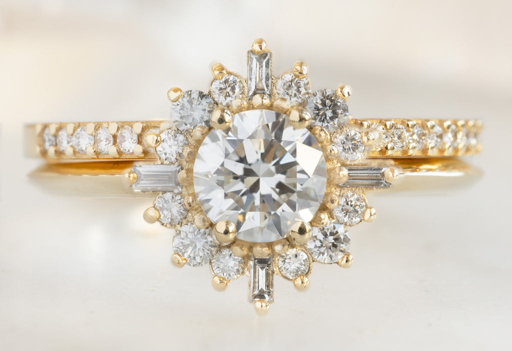 The Compass Ring with a Round-Cut White Diamond with Pave Diamond Stacking Band