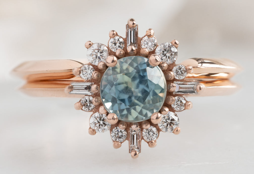 The Compass Ring with a Round Montana Sapphire with Open Cuff Knife Edge Stacking Band