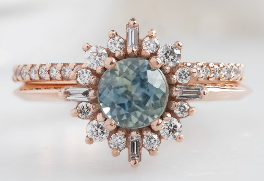 The Compass Ring with a Round Montana Sapphire with Open Cuff Pavé Stacking Band