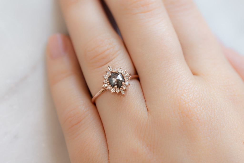 The Compass Ring with a Salt and Pepper Hexagon Diamond on Model