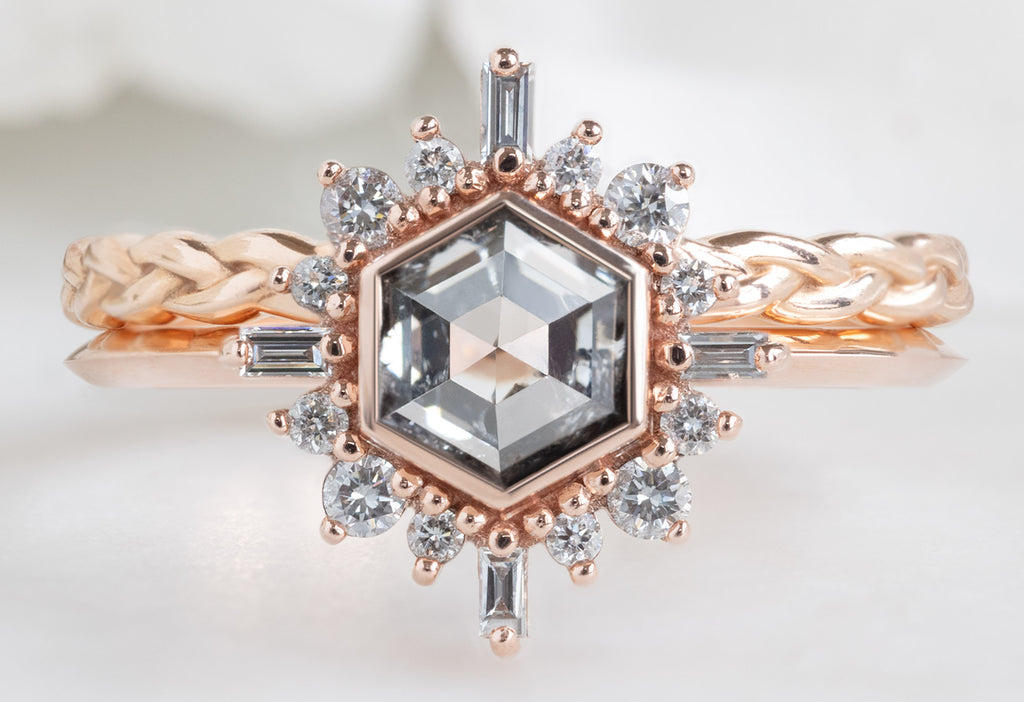 The Compass Ring with a Salt and Pepper Hexagon Diamond with Braided Stacking Band