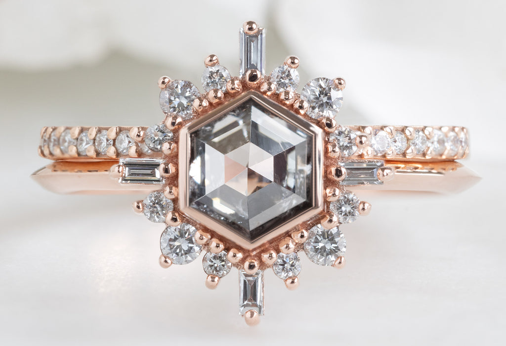 The Compass Ring with a Salt and Pepper Hexagon Diamond with Open Cuff Pavé Stacking Band