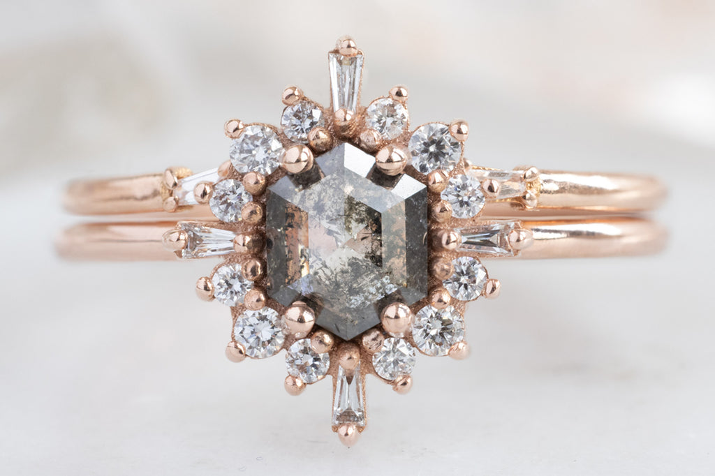 The Compass Ring with a Salt and Pepper Hexagon Diamond with Stacking Band