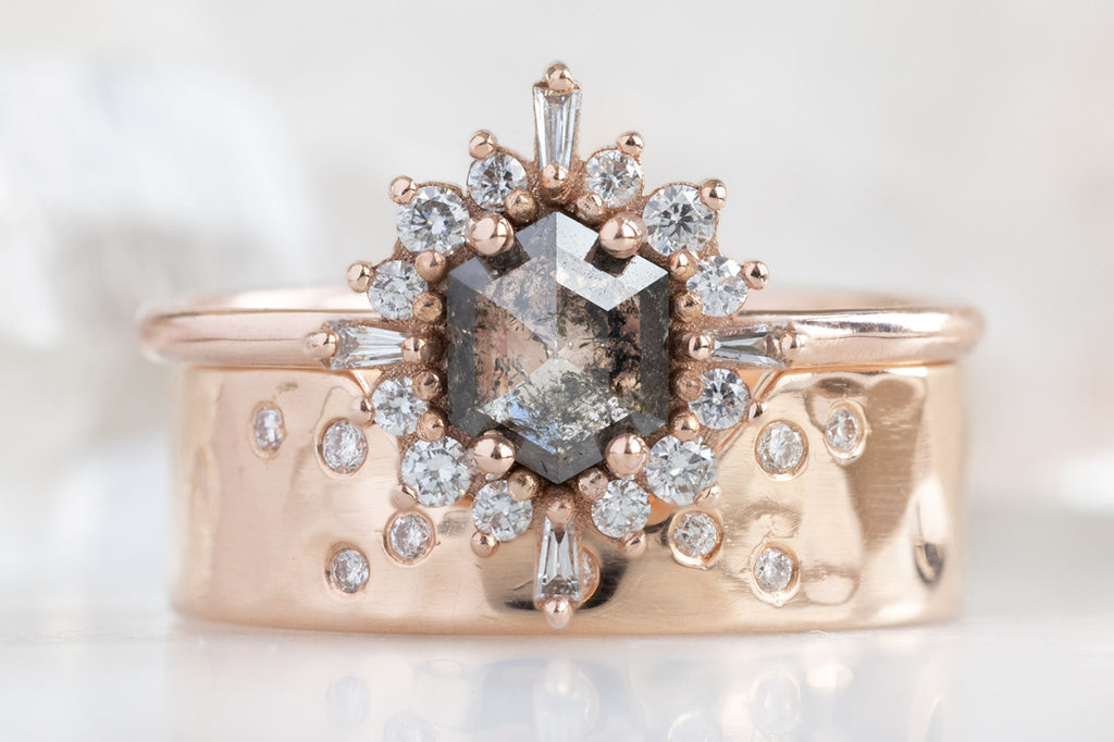 The Compass Ring with a Salt and Pepper Hexagon Diamond with Stacking Band