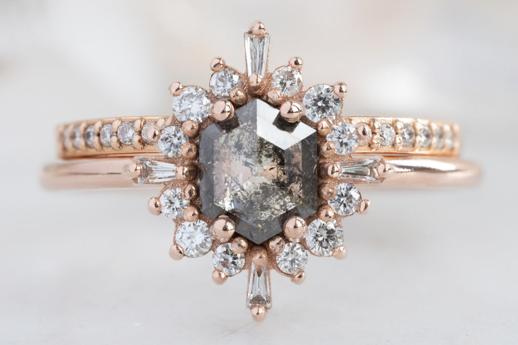 The Compass Ring with a Salt and Pepper Hexagon Diamond with Pavé Stacking Band
