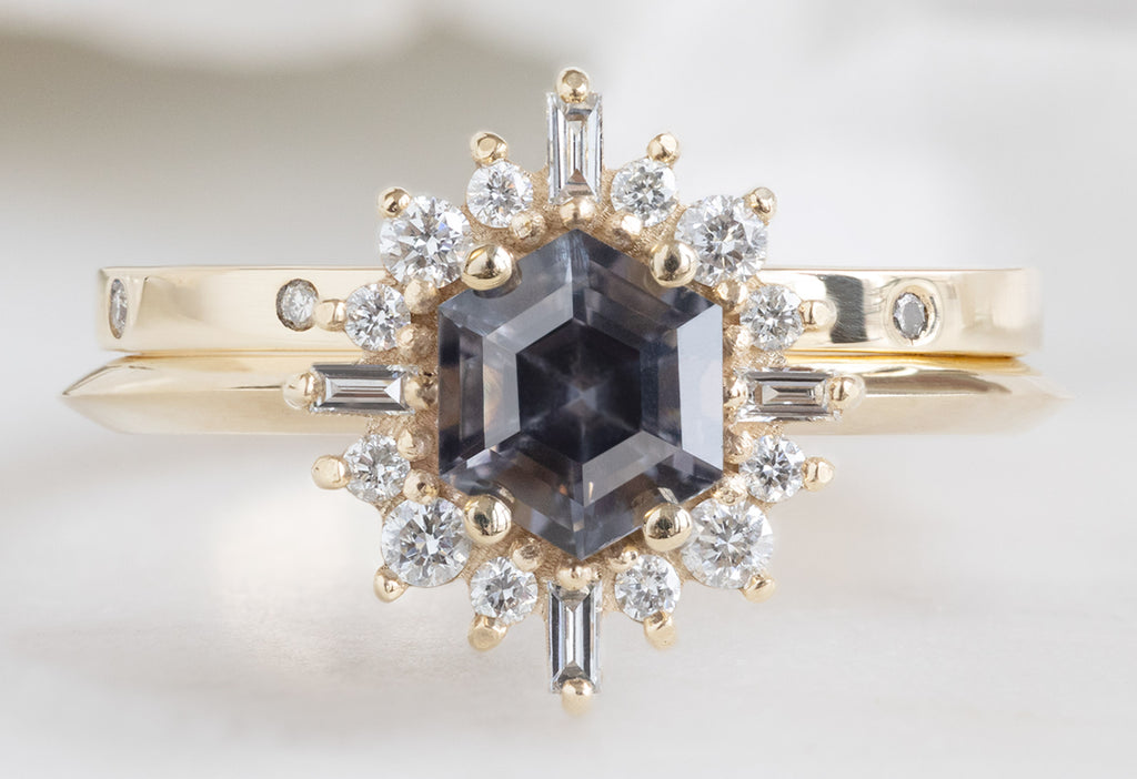 The Compass Ring with a Violet Grey Spinel with Diamond Eternity Stacking Band