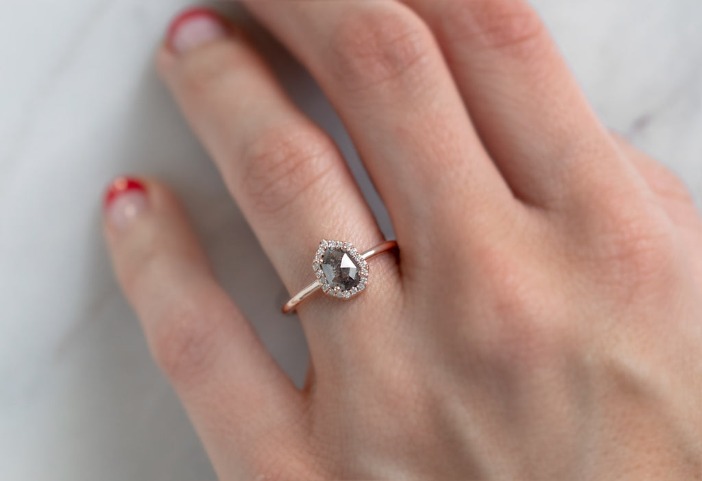 The Dahlia Ring with a Black Geometric Diamond on Model