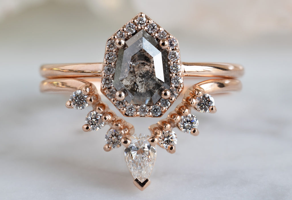 The Dahlia Ring with a Black Geometric Diamond with Stacking Bands