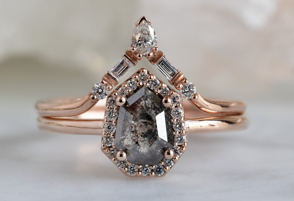 The Dahlia Ring with a Black Geometric Diamond with Stacking Bands