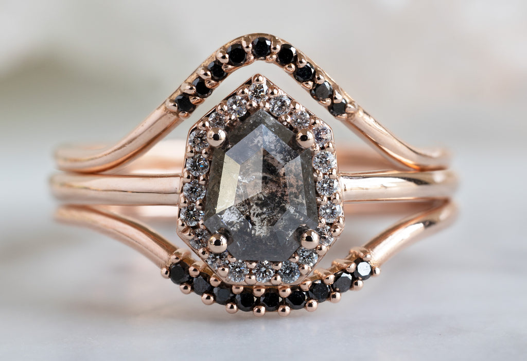 The Dahlia Ring with a Black Geometric Diamond with Stacking Bands