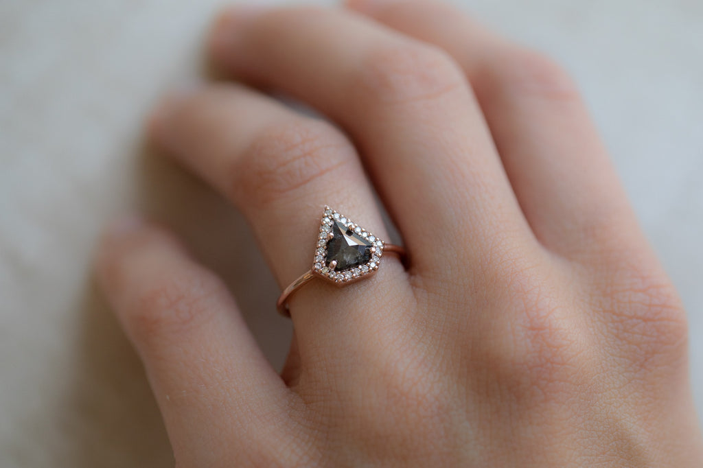 The Dahlia Ring with a Black Shield Cut Diamond On Model