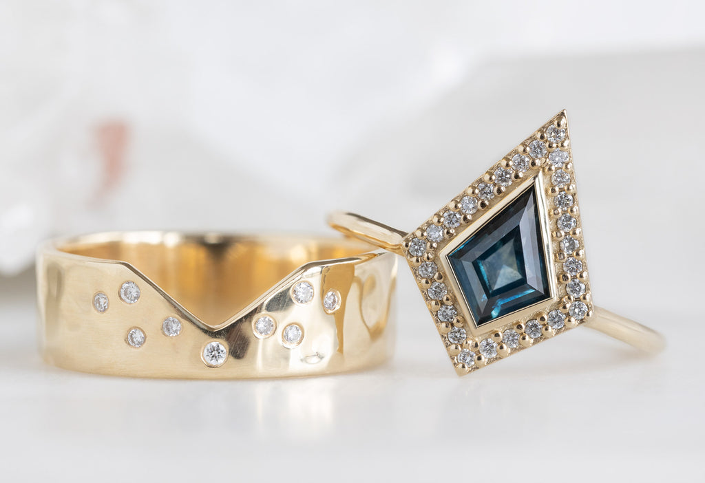 The Dahlia Ring with a Kite-Shaped Montana Sapphire with Constellation Cut-Out Stacking Band