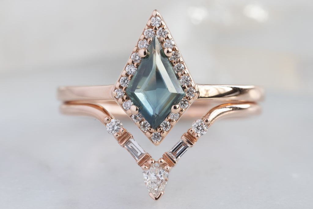 The Dahlia Ring with a Kite-Shaped Montana Sapphire with Stacking Band