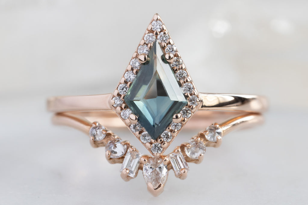 The Dahlia Ring with a Kite-Shaped Montana Sapphire with Stacking Band