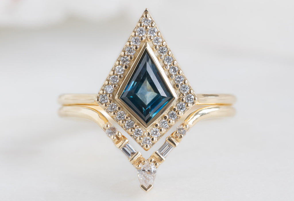 The Dahlia Ring with a Kite-Shaped Montana Sapphire with White Diamond Tiara Stacking Band