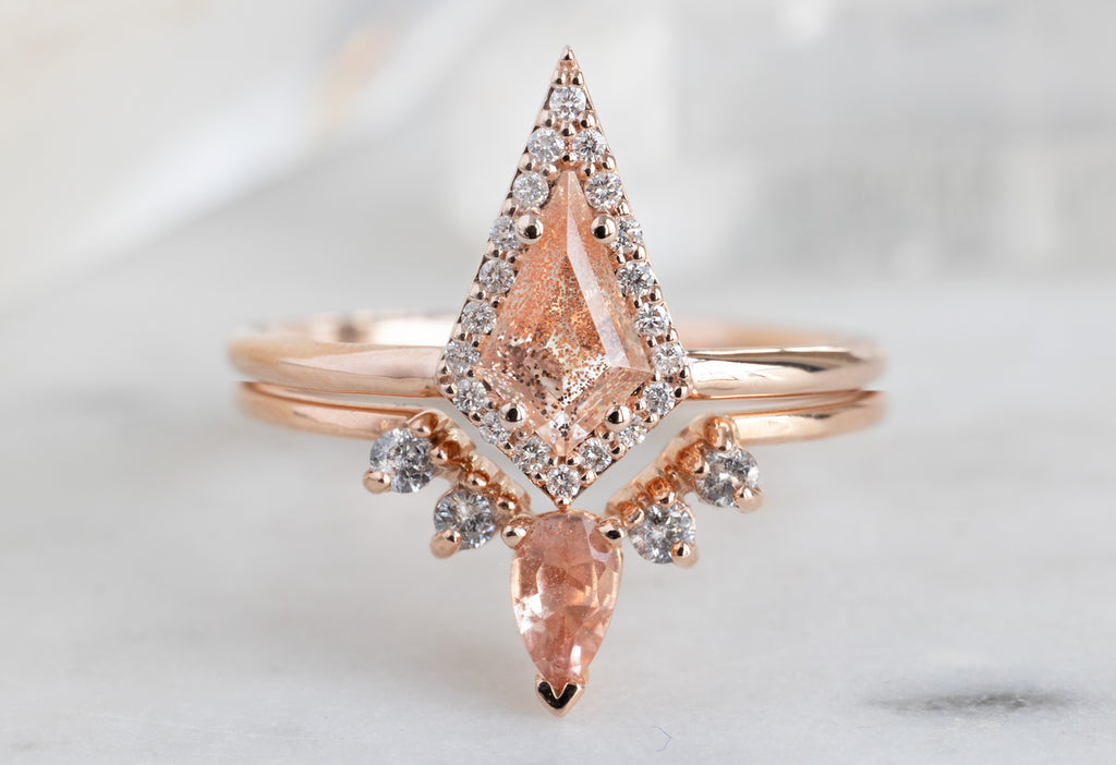 The Dahlia Ring with a Kite Shaped Sunstone with Stacking Band