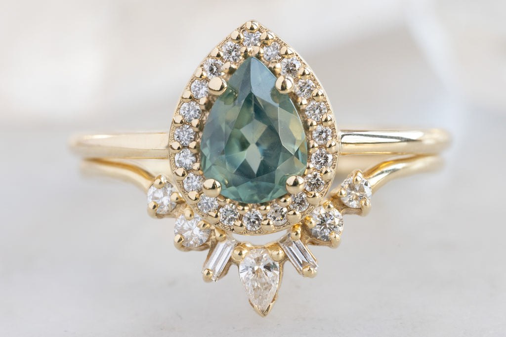 The Dahlia Ring with a Pear-Cut Montana Sapphire with Stacking Band