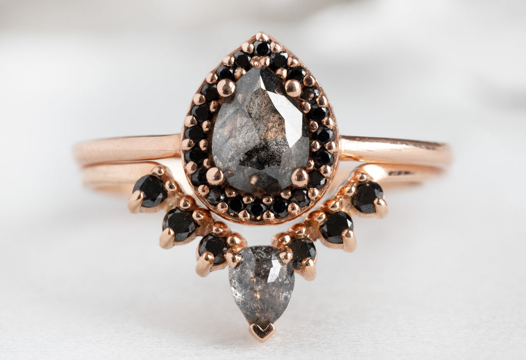 The Dahlia Ring with a Rose-Cut Black Diamond with Black Diamond Stacking Band