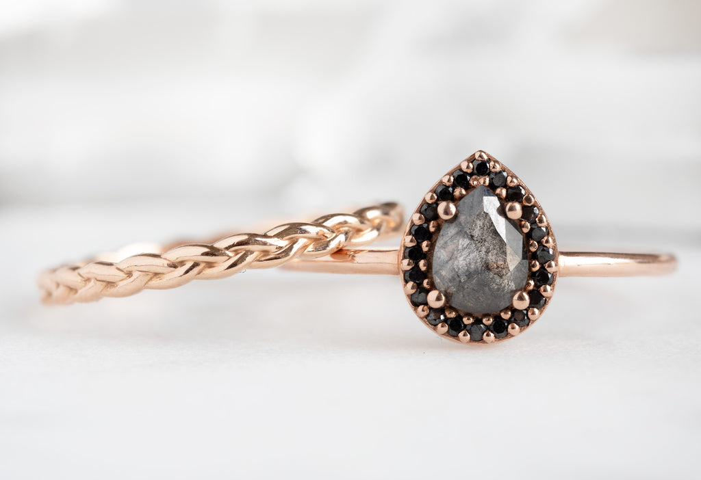 The Dahlia Ring with a Rose-Cut Black Diamond with Braided Stacking Band