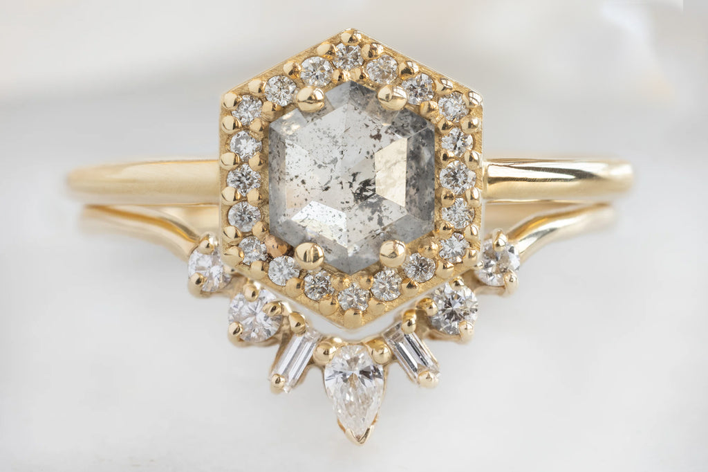 The Dahlia Ring with a Salt and Pepper Hexagon Diamond