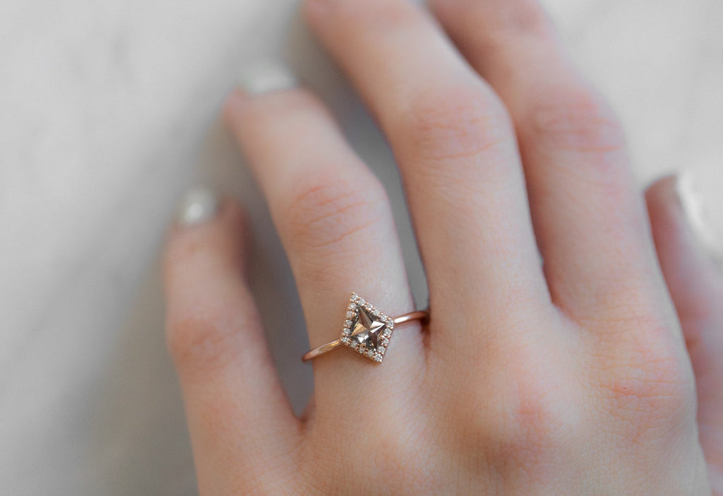 The Dahlia Ring with a Salt and Pepper Kite Diamond on Model