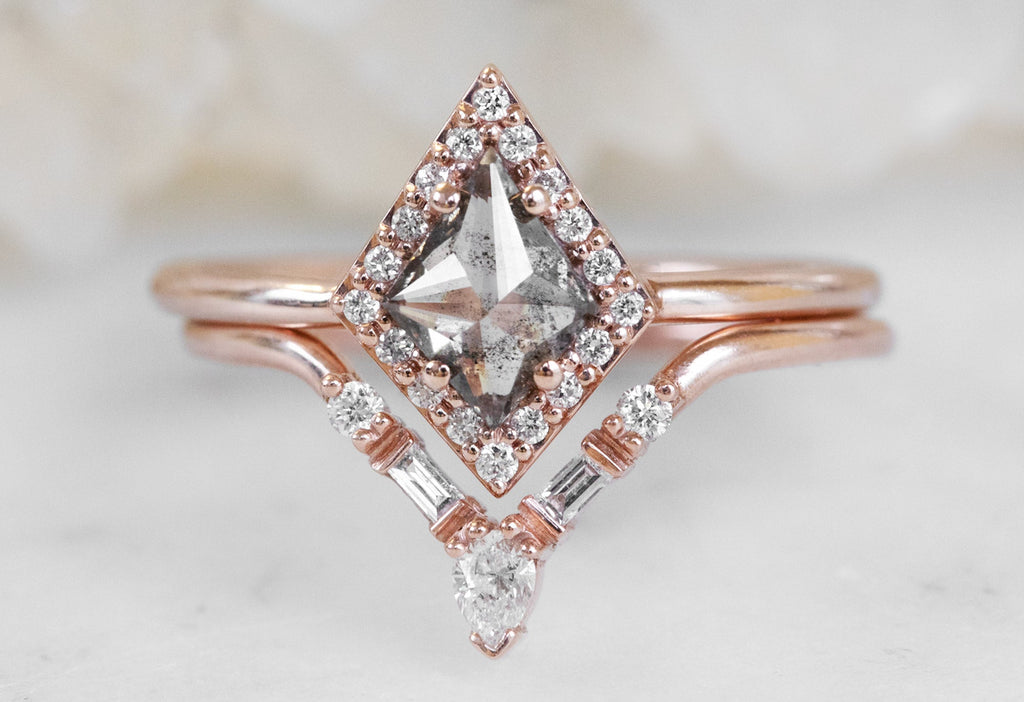 The Dahlia Ring with a Salt and Pepper Kite Diamond with Stacking Band