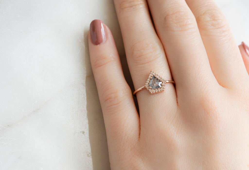 The Dahlia Ring with a Shield-Cut Salt and Pepper Diamond on Model