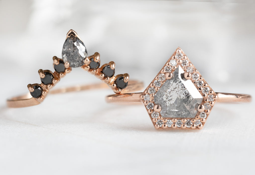 The Dahlia Ring with a Shield-Cut Salt and Pepper Diamond with Black Diamond Stacking Band