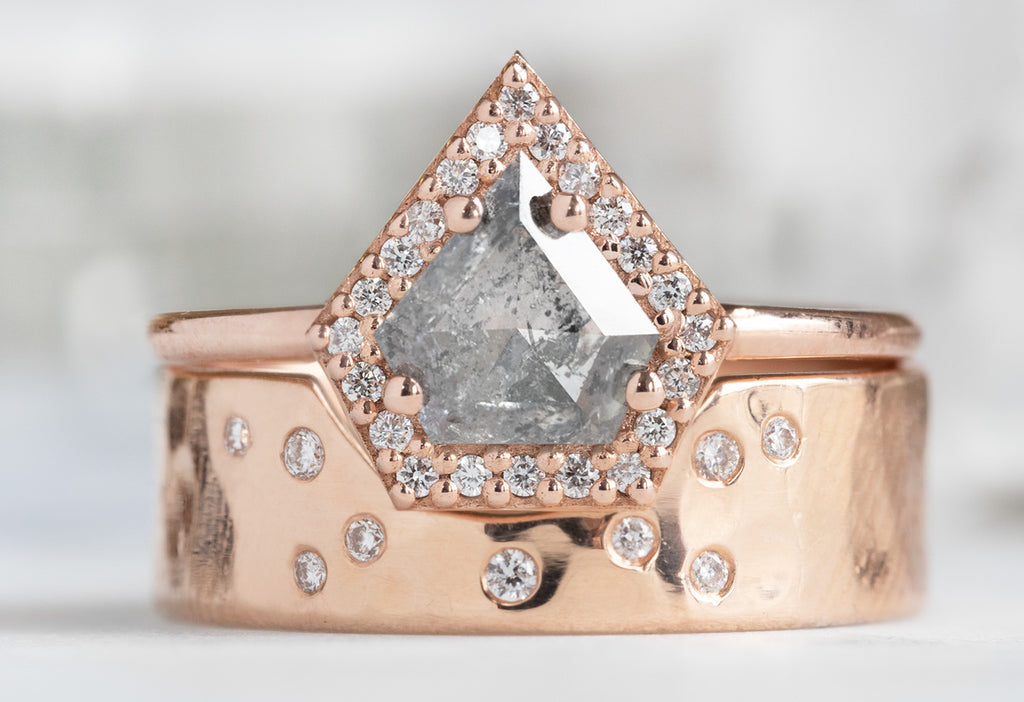 The Dahlia Ring with a Shield-Cut Salt and Pepper Diamond with Stacking Band