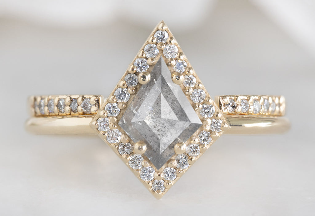 The Dahlia Ring with a Silvery Grey Kite Diamond with Open Cuff Pavé Stacking Band