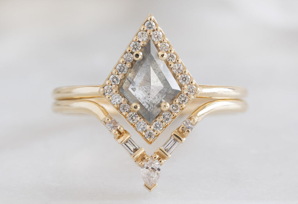 The Dahlia Ring with a Silvery Grey Kite Diamond on Model