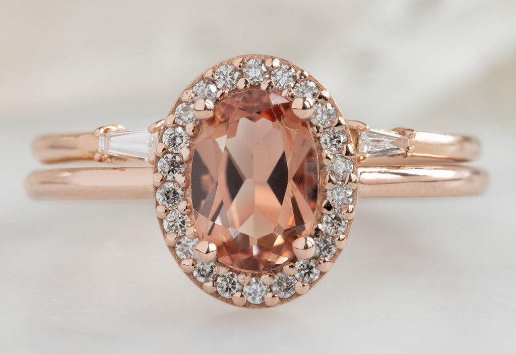The Dahlia Ring with an Oval-Cut Sunstone with Open Cuff Baguette Stacking Band
