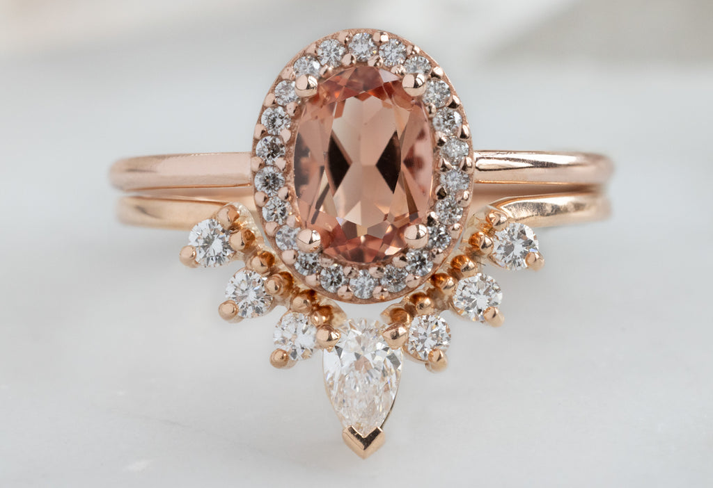 The Dahlia Ring with an Oval-Cut Sunstone with White Diamond Sunburst Stacking Band