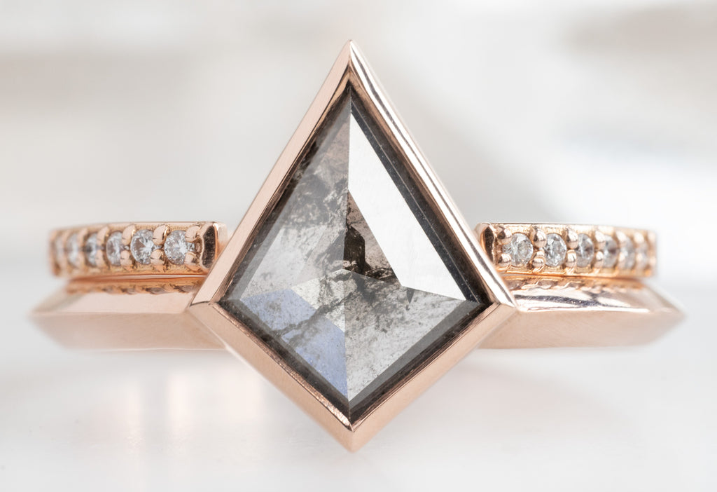 The Hazel Ring with Kite-Shaped Salt and Pepper Diamond with Open-Cuff Pavé Diamond Stacking Band