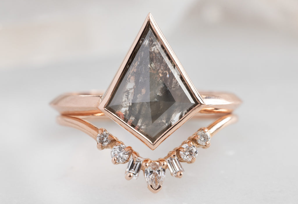 The Hazel Ring with a Black Kite Diamond with Geometric Diamond Sunburst Stacking Band