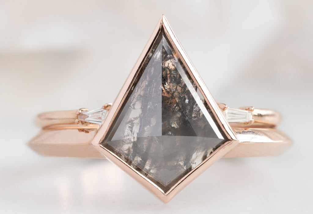 The Hazel Ring with a Black Kite Diamond with Open Cuff Diamond Baguette Stacking Band