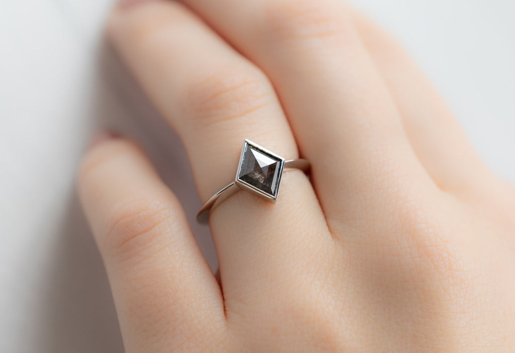 The Hazel Ring with a Kite-Shaped Salt and Pepper Diamond on Model