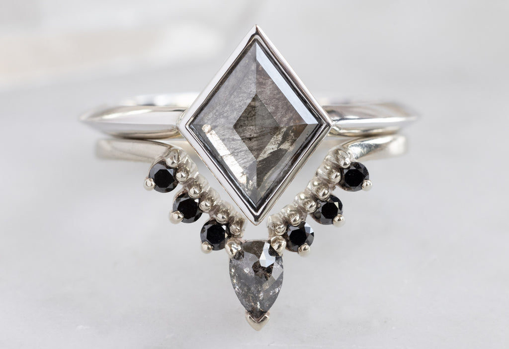 The Hazel Ring with a Kite-Shaped Salt and Pepper Diamond with Black Diamond Sunburst Stacking Band