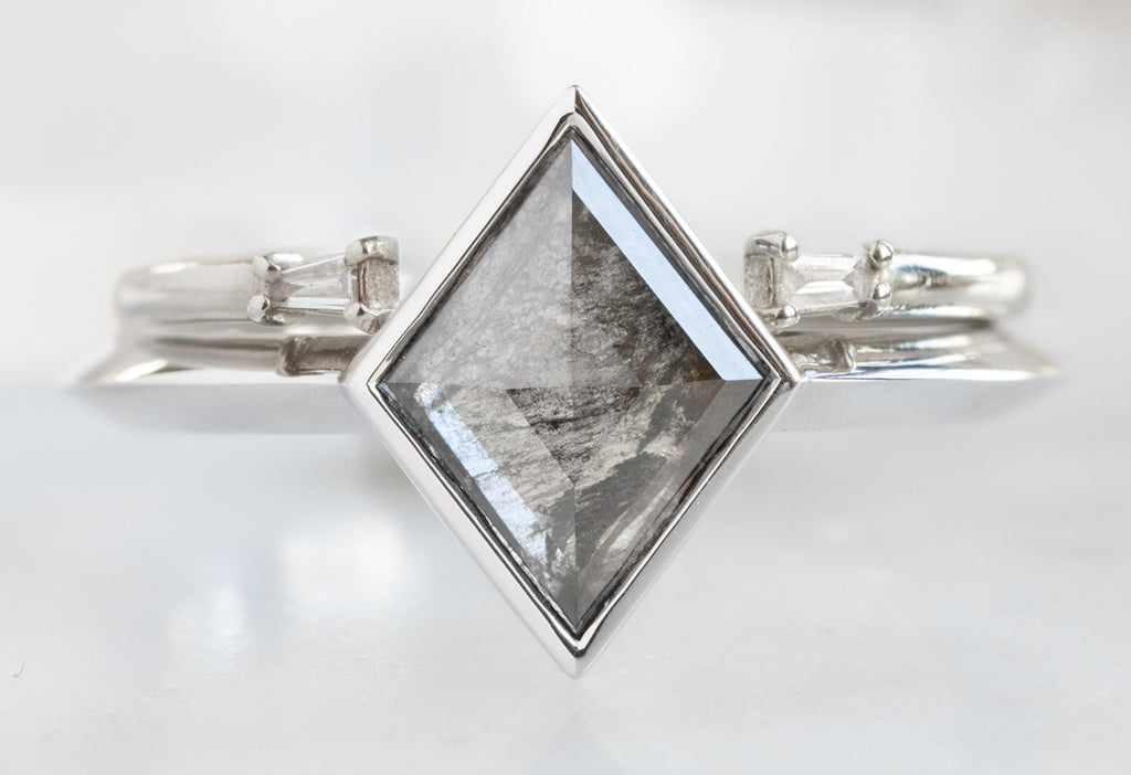 The Hazel Ring with a Kite-Shaped Salt and Pepper Diamond with Open Cuff Diamond Baguette Stacking Band