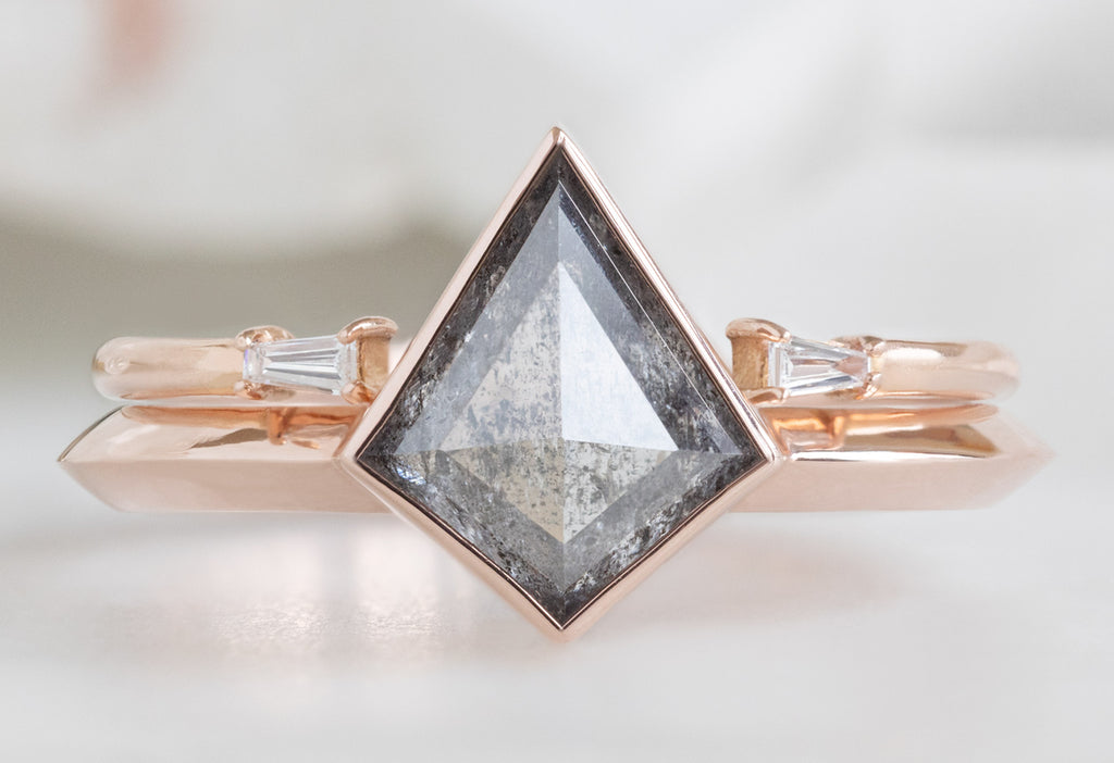 The Hazel Ring with a Kite-Shaped Salt and Pepper Diamond with Open Cuff Baguette Stacking Band