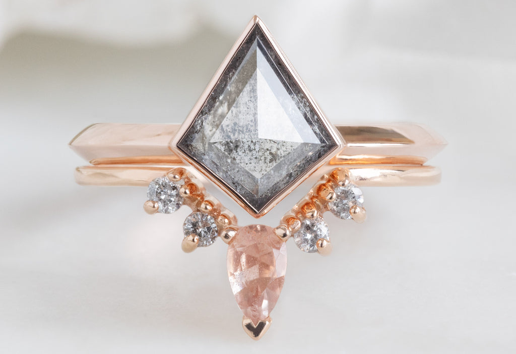 The Hazel Ring with a Kite-Shaped Salt and Pepper Diamond with Sunstone Sunburst Stacking Band