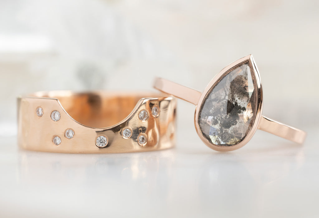 The Hazel Ring with a Rose-Cut Black Diamond with Constellation Cut-Out Stacking Band