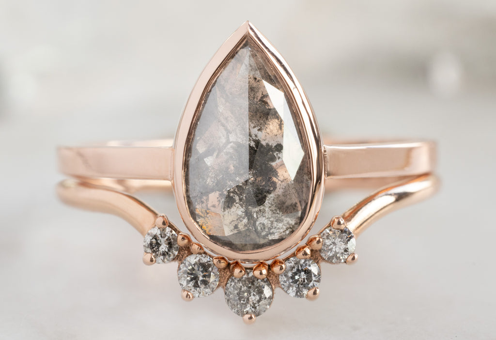 The Hazel Ring with a Rose-Cut Black Diamond with Round Diamond Sunburst Stacking Band