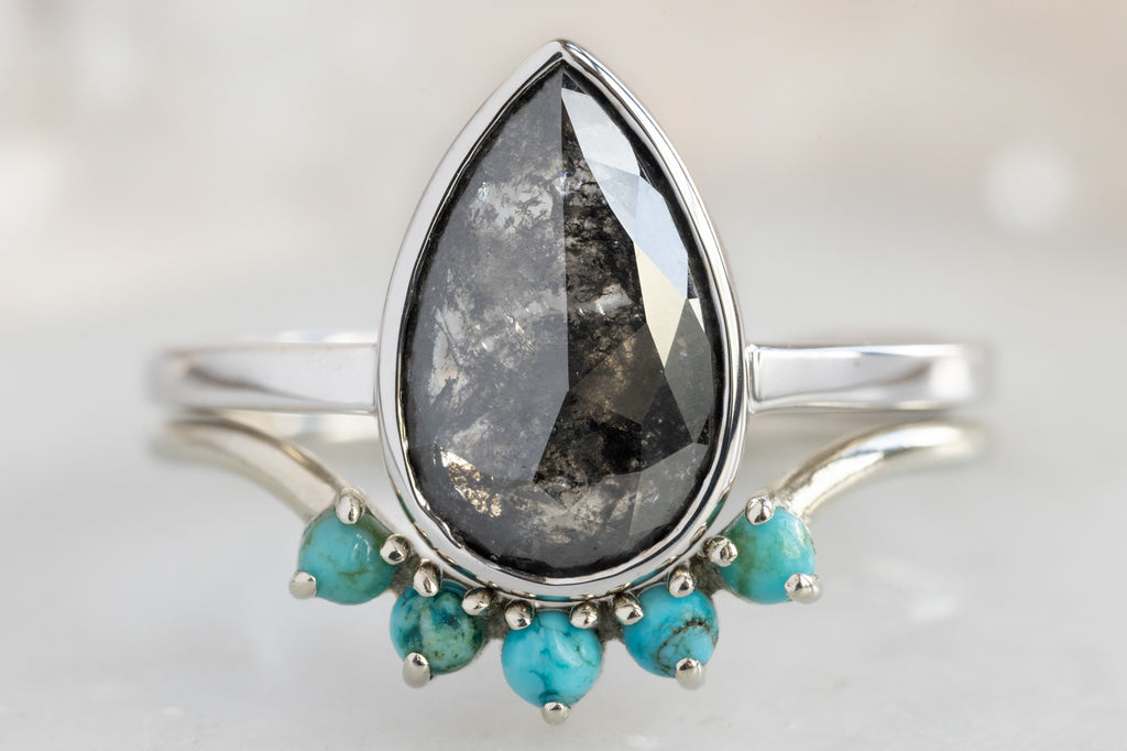 The Hazel Ring with a Rose-Cut Black Diamond with Turquoise Sunburst Stacking Band